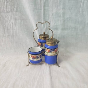 Vintage Keramik Keramik Salz Pfeffer und Senf Cruet Set mit Ständer