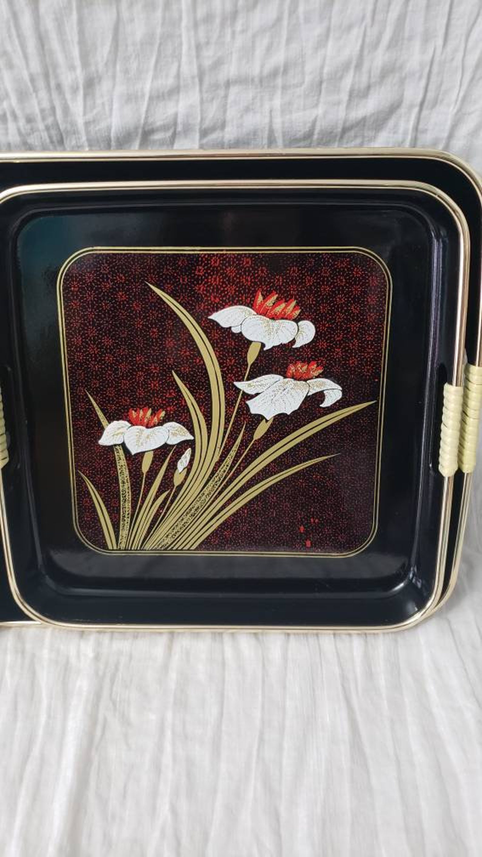 Vintage Lacquer Ware Japanese Nesting Serving Trays Flowers Etsy
