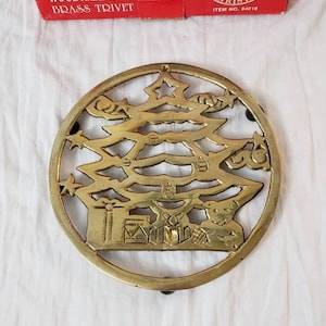 Vintage Brass Christmas Trivet Holiday Tree Pot Holder with Original Box