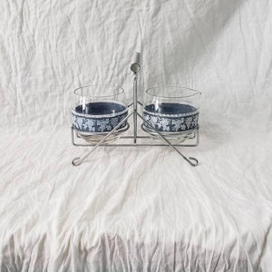 Vintage Hazel Atlas Cream and Sugar Wedgewood Blue White Grapevine Design with Stand