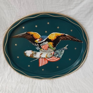 Vintage Metal Tin Serving Tray American Eagle & Stars Design 1970s Oval Platter