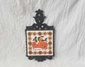 Vintage Cast Iron Trivet with Ceramic Tile Coffee Time Orange Flowers and Fruit