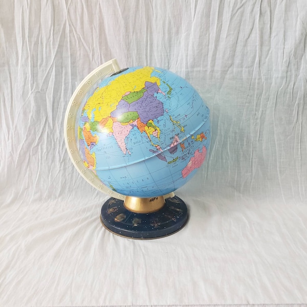 Vintage Tin Metal World Map Globe Ornament Study Office Travel Decor with Astrological Zodiac Base