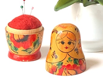 Medium Covered Pin Cushion Russian Doll Pin cushion pin cushion case sewing pins case gift for seamstress gift for quilter red gold 4.25”