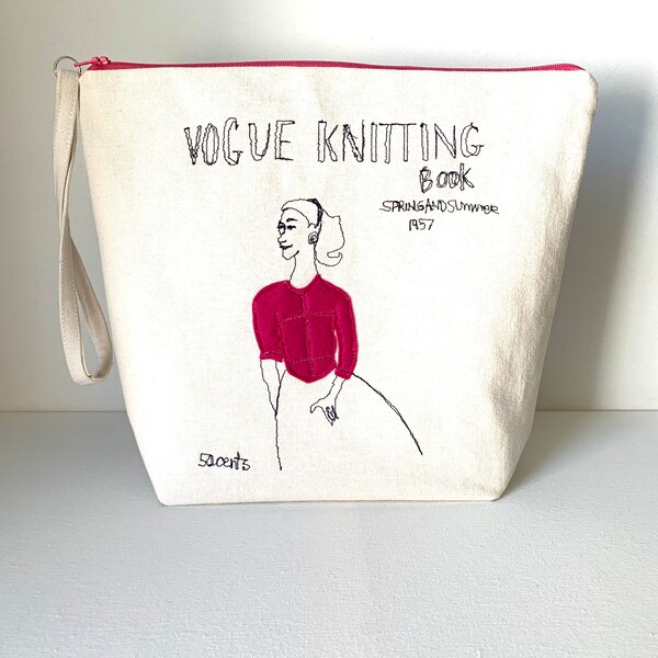 sac de projet de tricot Fabric Yarn Bowl wristlet sac de voyage avec marqueurs de point et aiguille DPN confortable en rose vintage Vogue Knitting Art