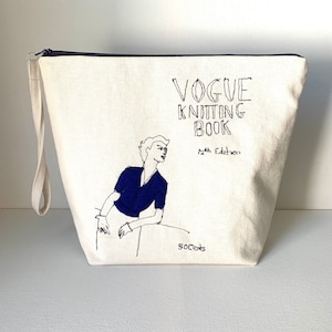 Knitting project bag Fabric Yarn Bowl sock project bag wristlet Freehand stitch art gift set DPN cozy navy Vogue style- double grommet