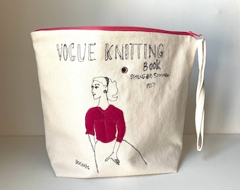 knitting project bag Fabric Yarn Bowl sock project bag wristlet bag travel knitting bag gift set Vintage Vogue Knitting Patterns Pink