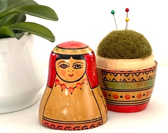 Pin Cushion, Russian Nesting Doll, Large Covered Pin cushion, pins and needles case, gift for seamstress, gift for quilter, 5”