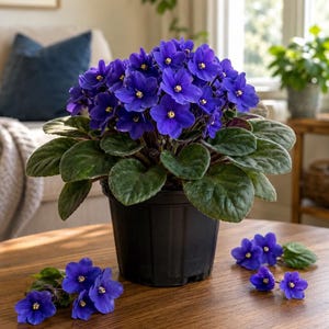 May include: A vibrant African violet plant in a black pot, showcasing clusters of deep purple flowers with yellow centers. The plant has large, green, velvety leaves. Several detached blooms are scattered on the wooden surface, creating a natural display.
