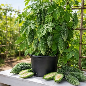 May include: A black plastic pot containing a vibrant green bitter melon plant with numerous hanging fruits. Several whole and halved bitter melons with visible white seeds are arranged on a white surface in front of the plant.