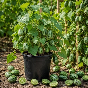 May include: A black plastic pot containing a vibrant green cucamelon plant with numerous small, oval-shaped, striped fruits hanging from its vines. Several of these small, green, patterned fruits are scattered on the ground around the base of the pot.