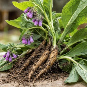 May include: A comfrey plant featuring long, textured green leaves and clusters of small, bell-shaped purple flowers. The plant has thick, light brown taproots covered in dark soil, with fine root hairs extending from the base of the stems.