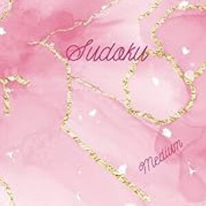 May include: A pink and white Sudoku puzzle book with gold accents. The cover features the word "Sudoku" in cursive script and "Medium" in a smaller font. The background has a watercolor effect.