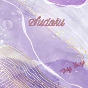 May include: Abstract watercolor design in shades of purple and white with gold accents. The word "Sudoku" is written in a cursive font, and the words "Very Easy" are below it. The background has a flowing, artistic appearance.