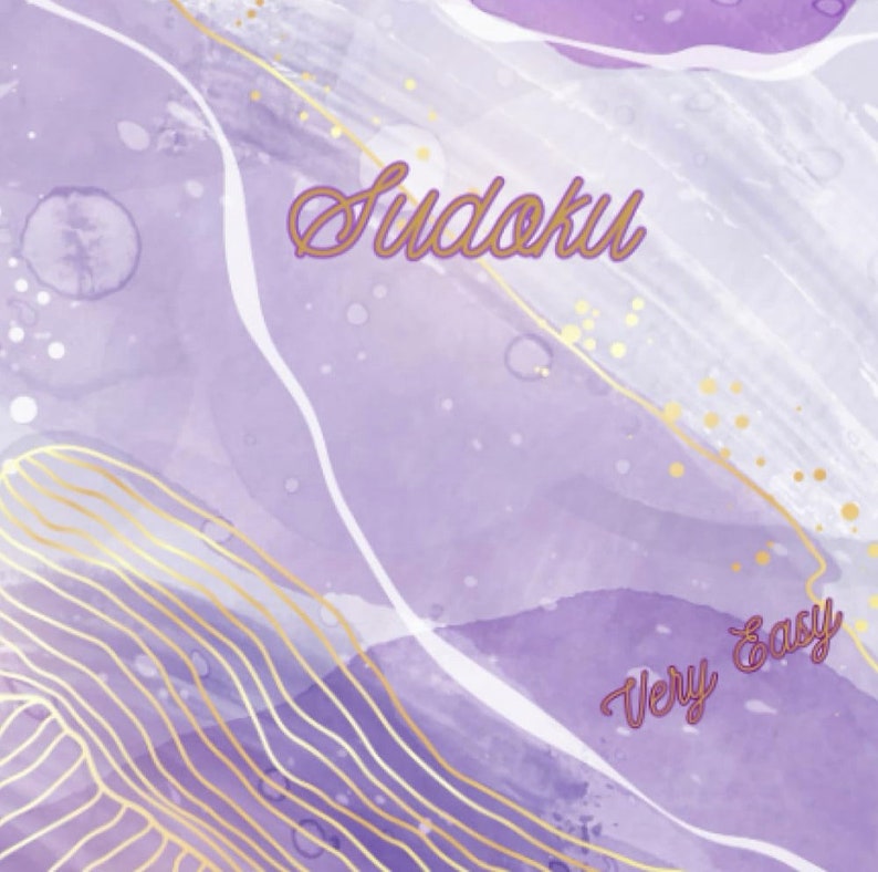 May include: Abstract watercolor design in shades of purple and white with gold accents. The word "Sudoku" is written in a cursive font, and the words "Very Easy" are below it. The background has a flowing, artistic appearance.