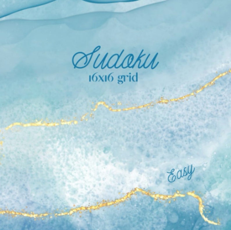 May include: Abstract watercolor design in shades of blue and white with gold accents. The word "Sudoku" is written in a script font, along with "16x16 grid" and the word "Easy". The background has a marbled effect.