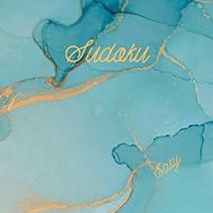 May include: Abstract background with shades of teal and gold, resembling flowing ink or watercolor. The word "Sudoku" is written in elegant gold script, with "Easy" in a smaller, matching font.