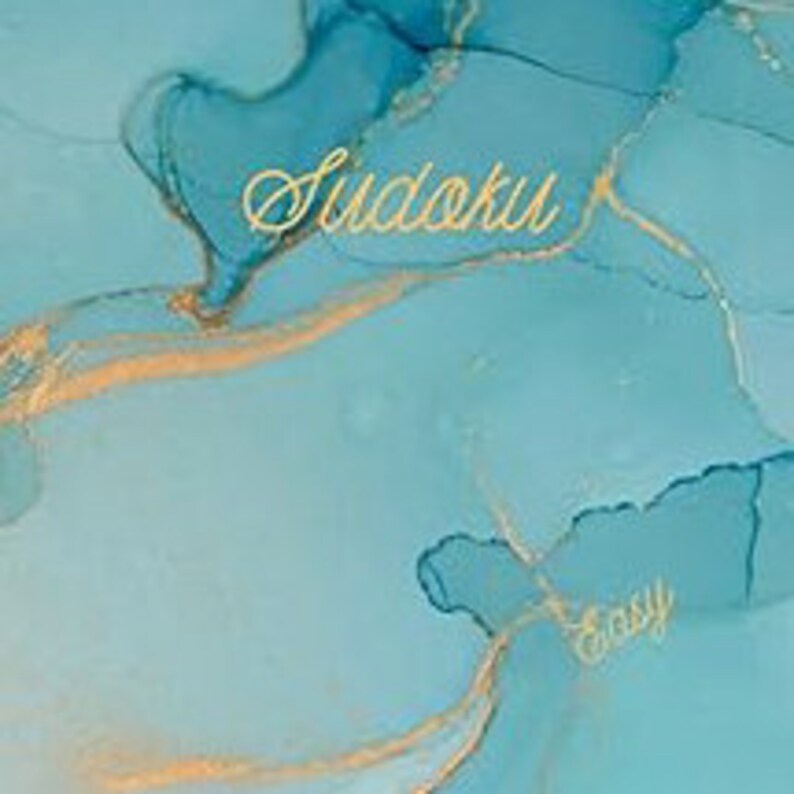 May include: Abstract background with shades of teal and gold, resembling flowing ink or watercolor. The word "Sudoku" is written in elegant gold script, with "Easy" in a smaller, matching font.