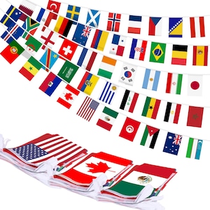 May include: A collection of colorful flag banners from various countries, including the United States, Canada, and Mexico. The flags are strung together on white cords, perfect for festive decorations and celebrations.