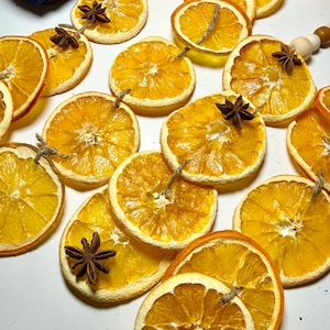 May include: Overhead shot of dried orange slices, some with star anise. The orange slices are arranged on a white surface. Each slice is a vibrant orange color, with a natural texture. Some slices have twine attached for hanging.