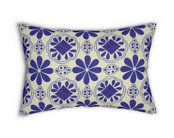 Indigo Blue Floral Tile Pattern Lumbar Pillow | Decorative Throw Pillow