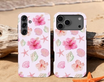 Soft Pink Hibiscus & Seashell Design Phone Case for iPhone 17 16 15 14 13 12 11 Pro Max, Samsung Galaxy S25 S24 Ultra, Google Pixel 10 9 Pro