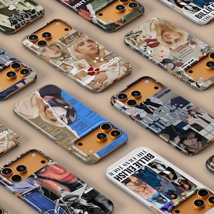 Könnte beinhalten: Eine Sammlung von Handyhüllen mit verschiedenen Designs. Die Hüllen zeigen Bilder von Billie Eilish mit Collagen aus Fotos, Texten und Grafiken. Die Hüllen haben eine Vielzahl von Farben, darunter Blau, Beige und Weiß.