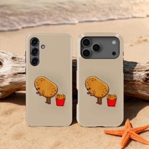 May include: Two beige phone cases with a cartoon potato character and a red container of fries. The potato is bending over, and the fries are in a red container. The cases are on a sandy beach.