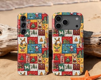 Funda navideña con diseño de patchwork para iPhone 17, 16, 15, 14, 13, 12 y 11 Pro Max, Samsung Galaxy S25, S24, S23, S22 y S21 Ultra, Google Pixel 10, 9, 8 y 7 Pro