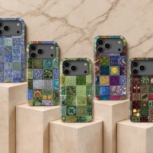May include: Five smartphone cases featuring a grid of square tiles with various embossed designs. The cases display diverse color palettes including blue, green, purple, and dark red, with motifs such as animals, plants, and celestial symbols.