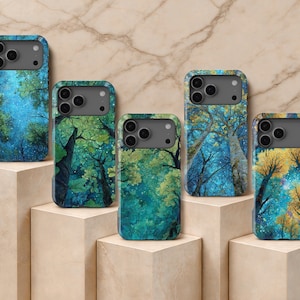 May include: Five rectangular phone cases featuring a vibrant forest canopy design. The artwork displays tall trees with golden-yellow leaves against a deep blue, starry night sky. Each case has a dark gray camera cutout area at the top.
