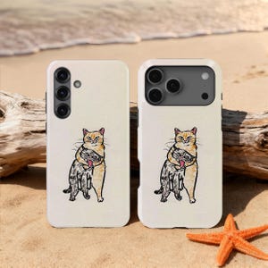 May include: Two phone cases with a cream-colored background. Each case features a whimsical illustration of two cats embracing. One cat is orange and the other is gray. The cases are on a sandy beach with a starfish and driftwood.