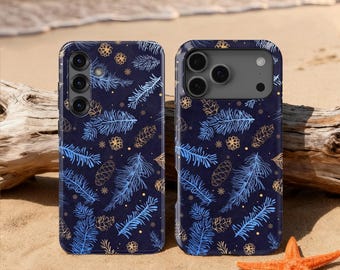 Winter Forest Blue Pine Needles & Gold Pinecones Design Phone Case for iPhone 17 16 15 14 13 Pro, Samsung S25, Google Pixel 9 Pro, Best Gift