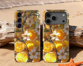 Stained Glass Orange & Blütenzweig Design Handyhülle für iPhone 17 16 15 14 13 12 Pro, Samsung Galaxy S25 S24 Ultra, Google Pixel 10 Pro