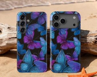 Ontwerp telefoonhoesje betoverde paarse en blauwe vlinders voor iPhone 17 16 15 14 13 12 Pro Max, Samsung Galaxy S25 Ultra, Google Pixel 10 Pro