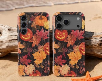 Custodia per telefono con design di zucca di Halloween e foglie autunnali per iPhone 17 16 15 14 13 12 Pro, Samsung Galaxy S25 S24 Ultra, Google Pixel 10 9 Pro