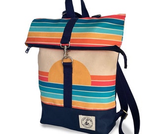 Sunrise Print Mini Foldover Backpack With Water Repellent Lining. Handmade in San Francisco USA. Washable.