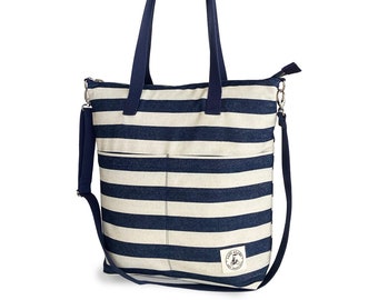 Reversible Messenger Tote Bag in Denim Broad Stripe And Navy Cotton Canvas. Handmade in California USA. Washable