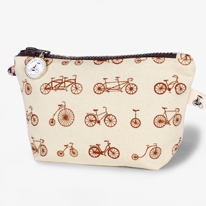 Zipper Pouch in Bike Sepia Print With Water Repellent Lining. Washable Fabric Cosmetic Bag. Handmade in San Francisco USA Bike Sepia