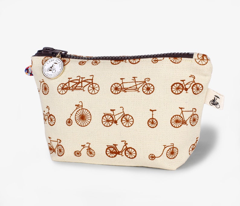 Zipper Pouch in Bike Sepia Print With Water Repellent Lining. Washable Fabric Cosmetic Bag. Handmade in San Francisco USA Bike Sepia