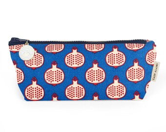 Pomegranate Print Pencil Zipper Pouch With Water Repellent Lining. Washable Fabric Cosmetic Bag. Handmade in San Francisco USA