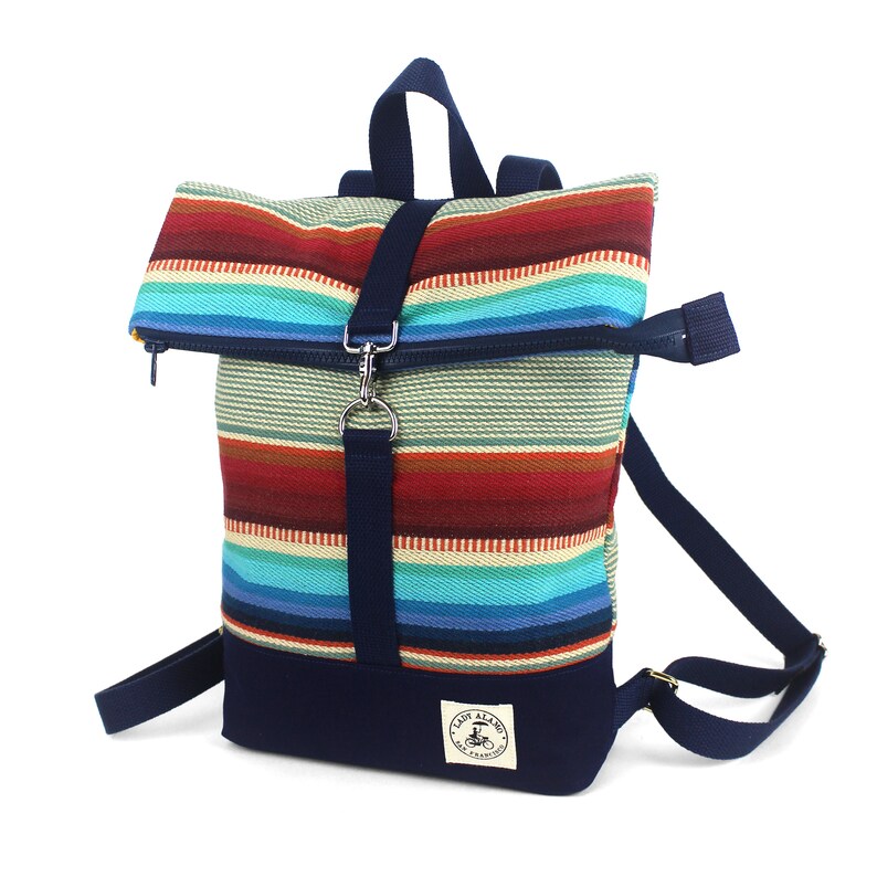 Ocean Beach Stripe Fold over Backpack In Moss With Water Repellent Lining. Handmade in San Francisco USA . Southwestern Style Ocean Beach