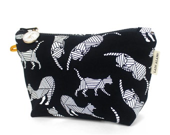 Zipper Pouch in Original Cat Print With Water Repellent Lining. Washable Fabric Cosmetic Bag. Handmade in San Francisco USA