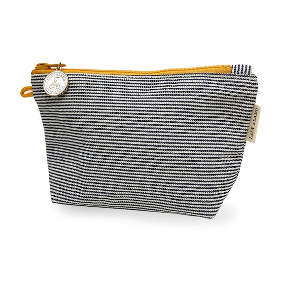 Zipper Pouch in Railroad Stripe With Water Repellent Lining. Washable Fabric Cosmetic Bag. Handmade in San Francisco USA