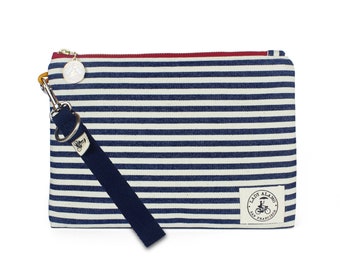 Miss Zip Wristlet in Nautical Stripe With Water Repellent Lining. Washable Fabric. Handmade in San Francisco USA