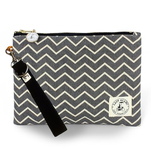 Miss Zip Wristlet in Grey Chevron Print With Water Repellent Lining. Washable Fabric. Handmade in San Francisco