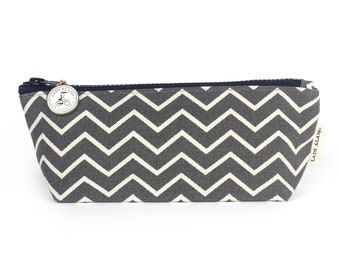 Gray Chevron Print Pencil Zipper Pouch With Water Repellent Lining. Washable Fabric Cosmetic Bag. Handmade in San Francisco USA