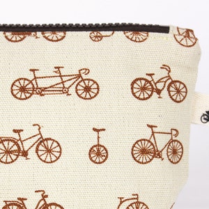 Zipper Pouch in Bike Sepia Print With Water Repellent Lining. Washable Fabric Cosmetic Bag. Handmade in San Francisco USA image 4