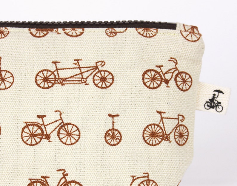 Zipper Pouch in Bike Sepia Print With Water Repellent Lining. Washable Fabric Cosmetic Bag. Handmade in San Francisco USA image 4