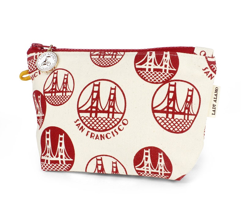 Zipper Pouch in Bike Sepia Print With Water Repellent Lining. Washable Fabric Cosmetic Bag. Handmade in San Francisco USA Golden Gate